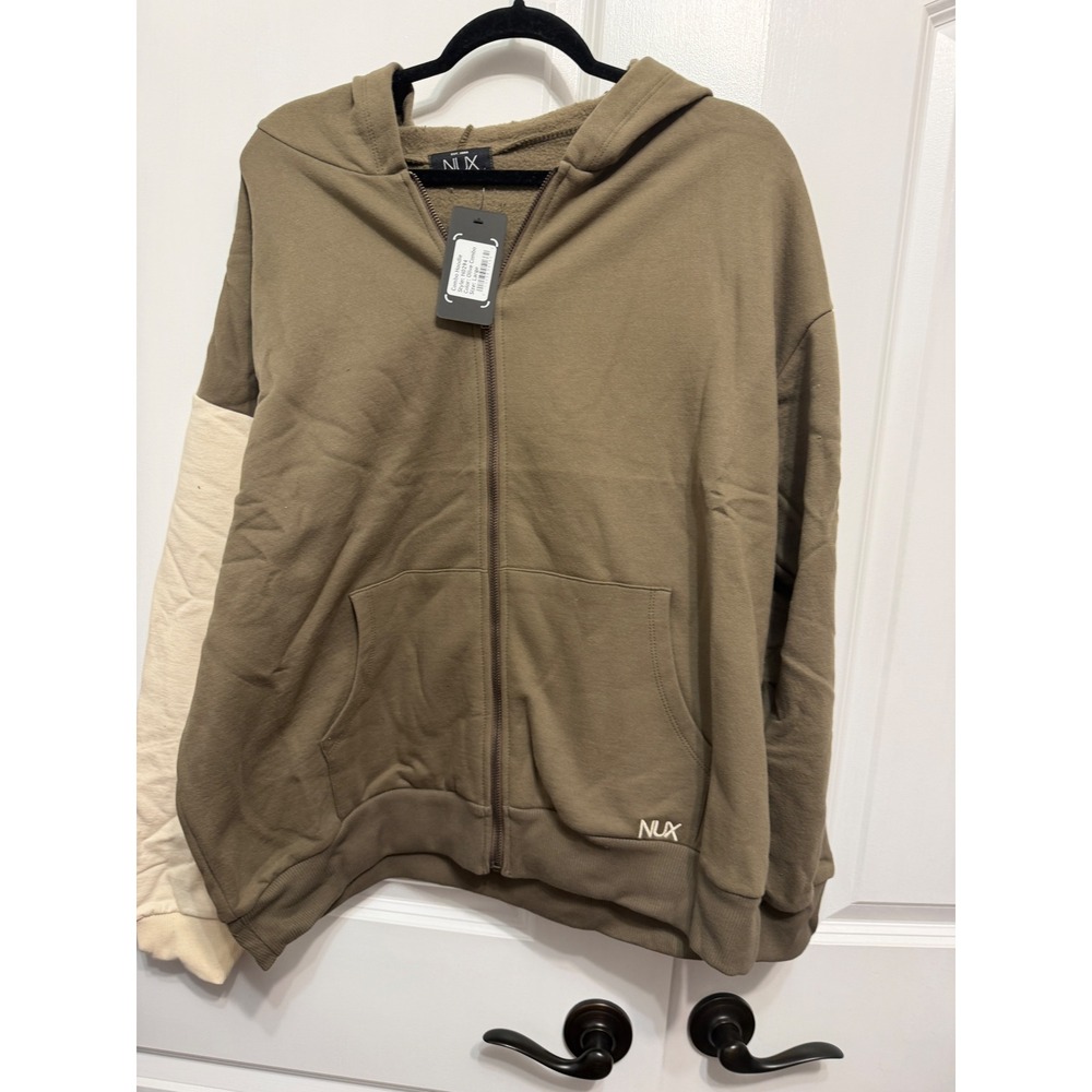 NUX Los‎ Angeles Mens Combo Hoodie Olive Green Cream Colorblock Zip Up H0294 L